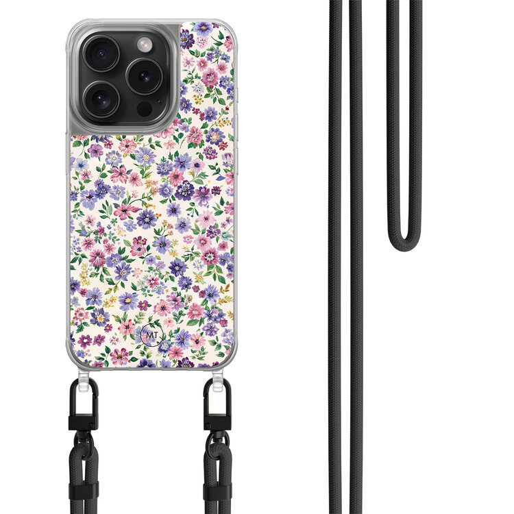 Mooie Telefoonhoesjes iPhone 14 Pro hoesje met zwart koord - Purple garden