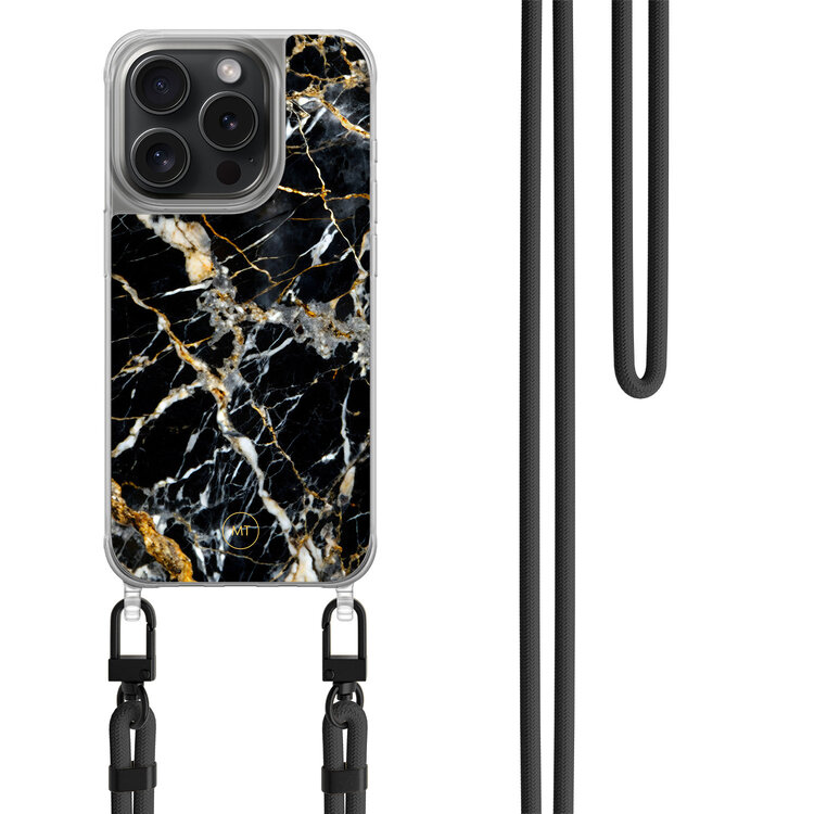 Mooie Telefoonhoesjes iPhone 13 Pro hoesje met zwart koord - Black marble elegance