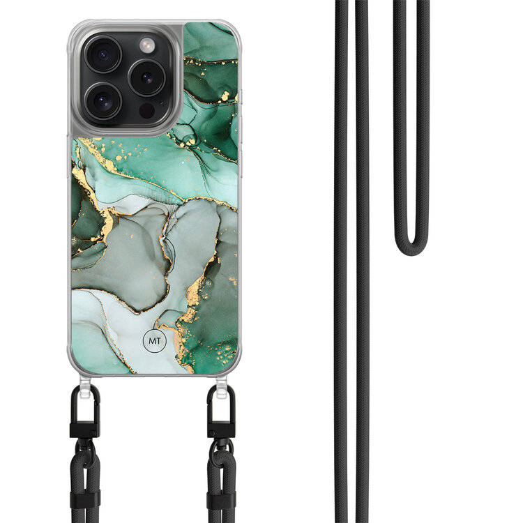 Mooie Telefoonhoesjes iPhone 13 Pro hoesje met zwart koord - Groen grijs marmer