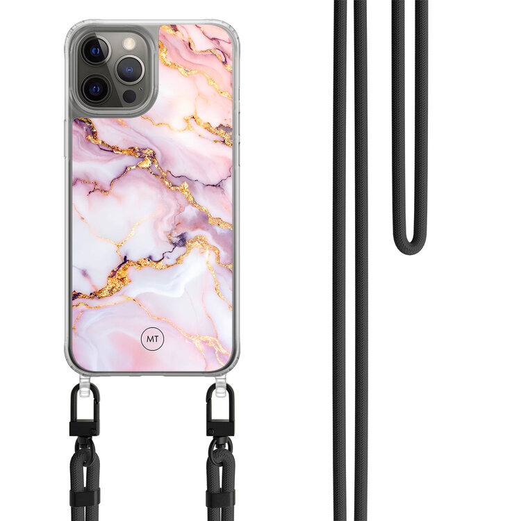 Casimoda iPhone 12 (Pro) hoesje met zwart koord - Marble pink