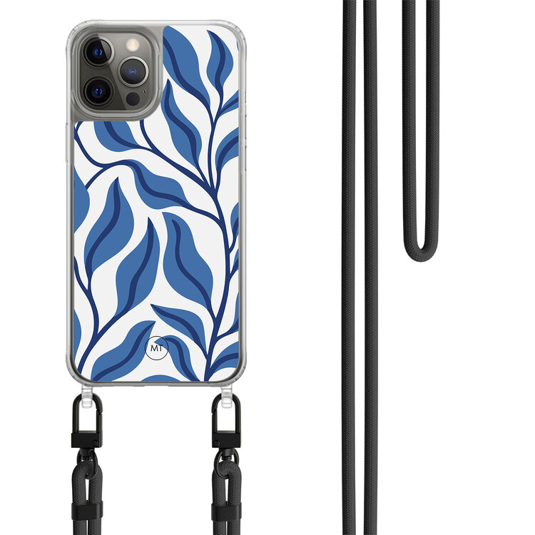 Casimoda iPhone 12 (Pro) hoesje met zwart koord - Blue leaves