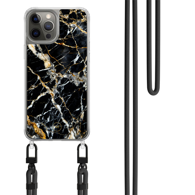 Casimoda iPhone 12 (Pro) hoesje met zwart koord - Black marble elegance