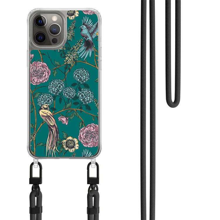 Casimoda iPhone 12 (Pro) hoesje met zwart koord - Bloomy birds