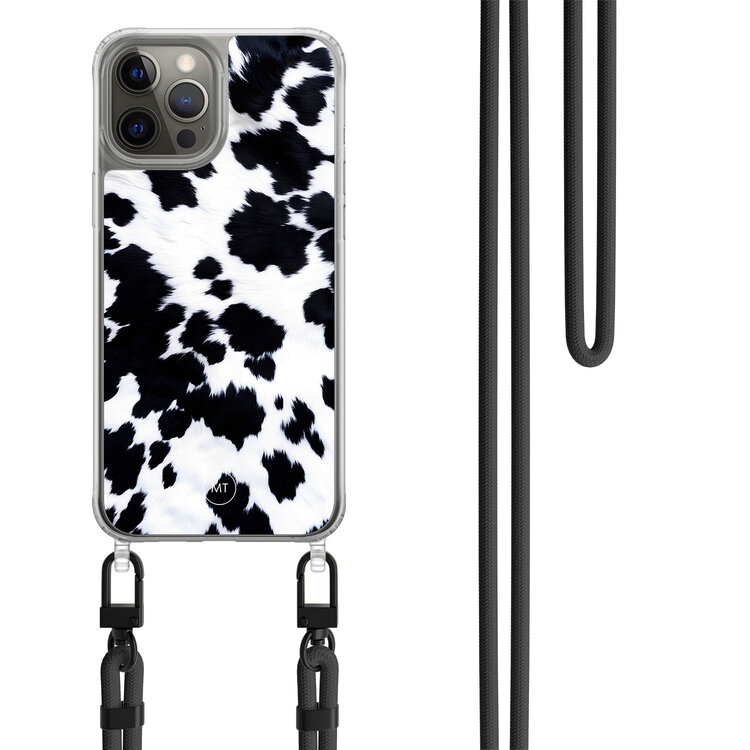 Casimoda iPhone 12 (Pro) hoesje met zwart koord - Koeienprint
