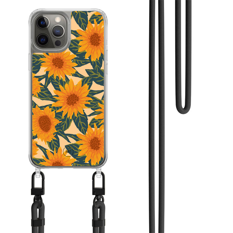 Casimoda iPhone 12 (Pro) hoesje met zwart koord - Zonnebloemen