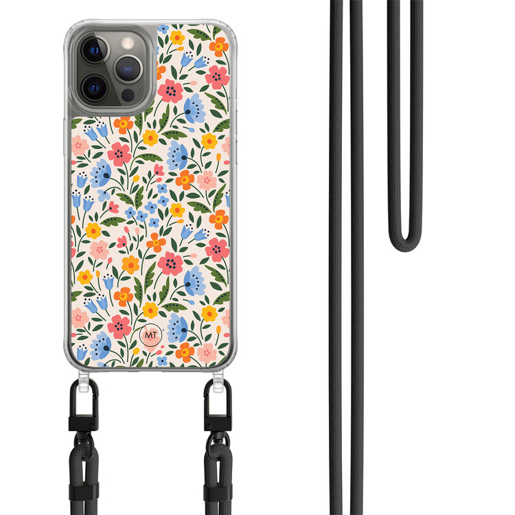 Casimoda iPhone 12 (Pro) hoesje met zwart koord - Romantische bloemen