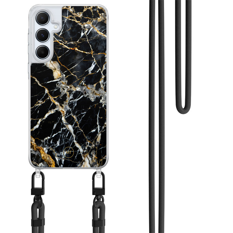 Mooie Telefoonhoesjes Samsung Galaxy A55 hoesje met zwart koord - Black marble elegance