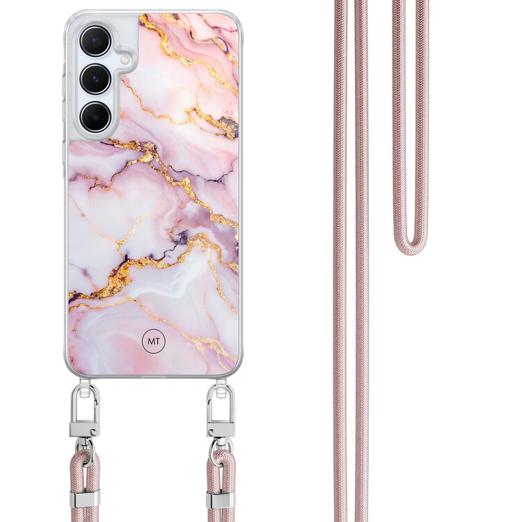 Mooie Telefoonhoesjes Samsung Galaxy A55 hoesje met rosegoud koord - Marble pink