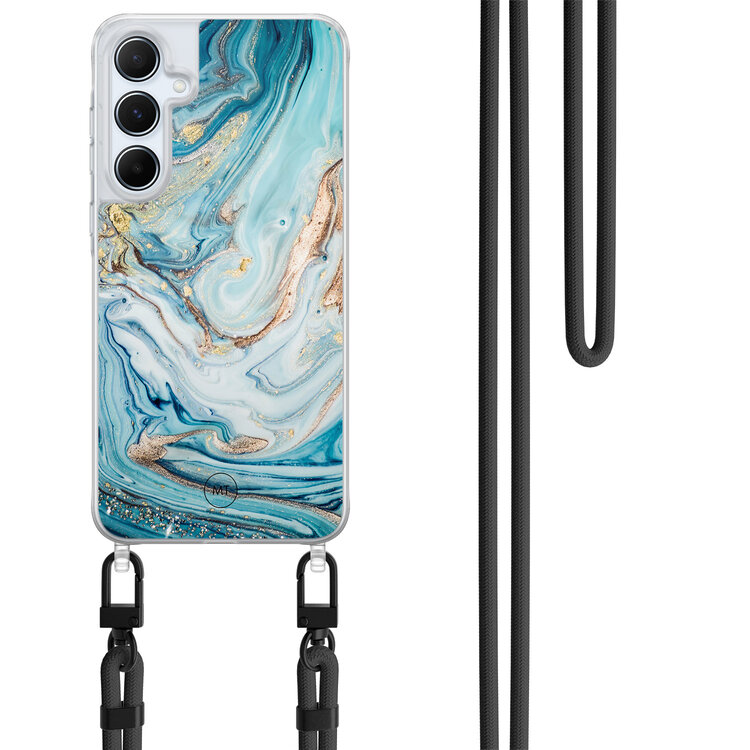 Mooie Telefoonhoesjes Samsung Galaxy A55 hoesje met zwart koord - Marmer blauw goud