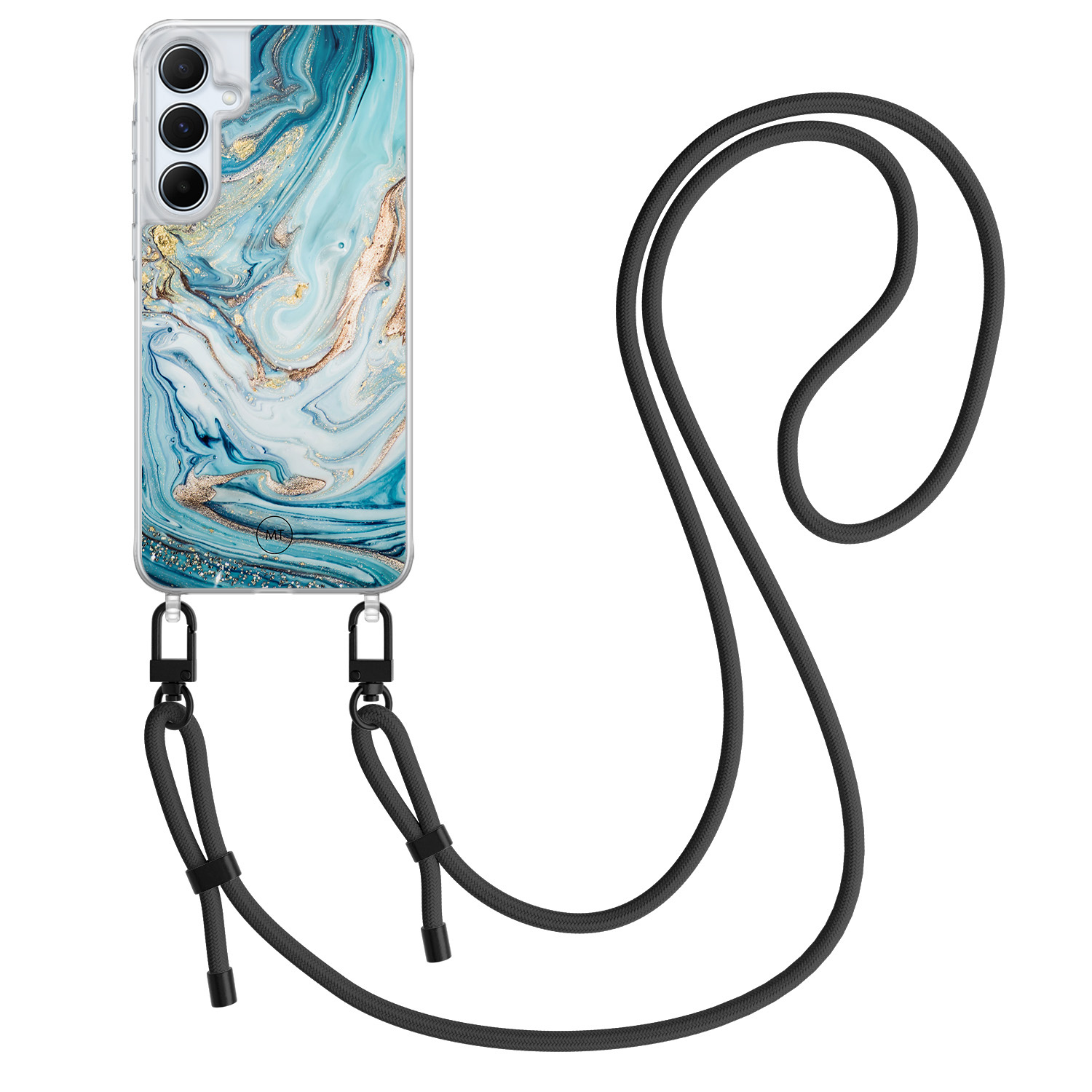 Mooie Telefoonhoesjes Samsung Galaxy A55 hoesje met zwart koord - Marmer blauw goud