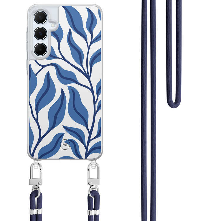 Mooie Telefoonhoesjes Samsung Galaxy A35 hoesje met donkerblauw koord - Blue leaves
