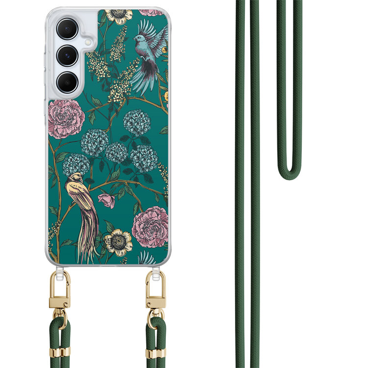 Mooie Telefoonhoesjes Samsung Galaxy A35 hoesje met groen koord - Bloomy birds