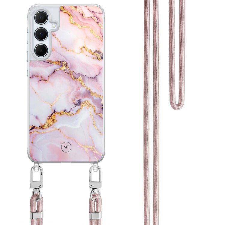 Mooie Telefoonhoesjes Samsung Galaxy A15 hoesje met rosegoud koord - Marble pink