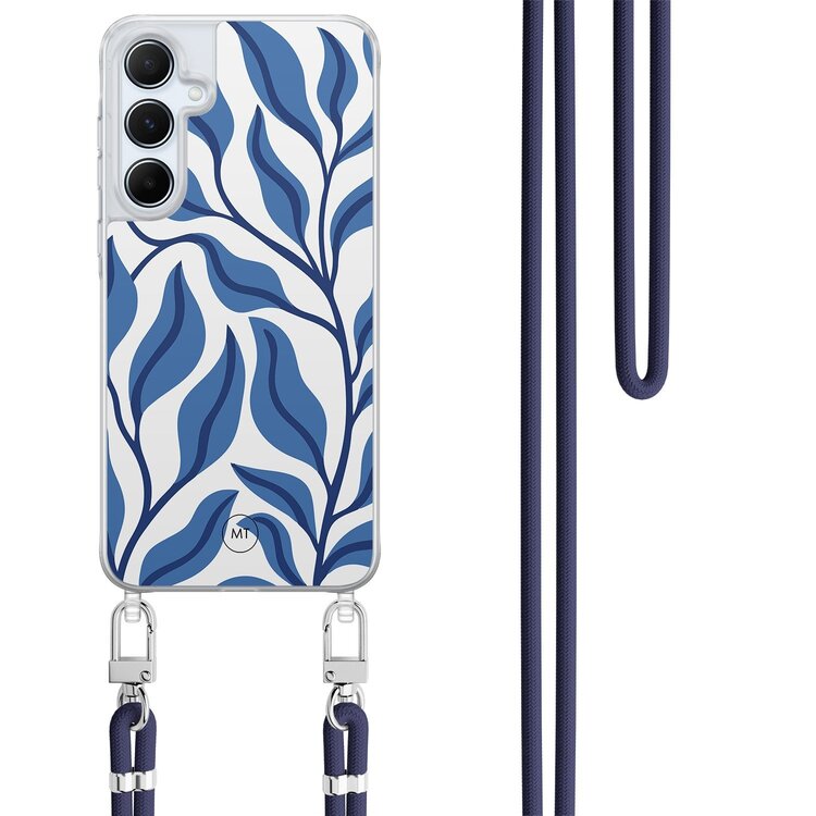 Mooie Telefoonhoesjes Samsung Galaxy A15 hoesje met donkerblauw koord - Blue leaves
