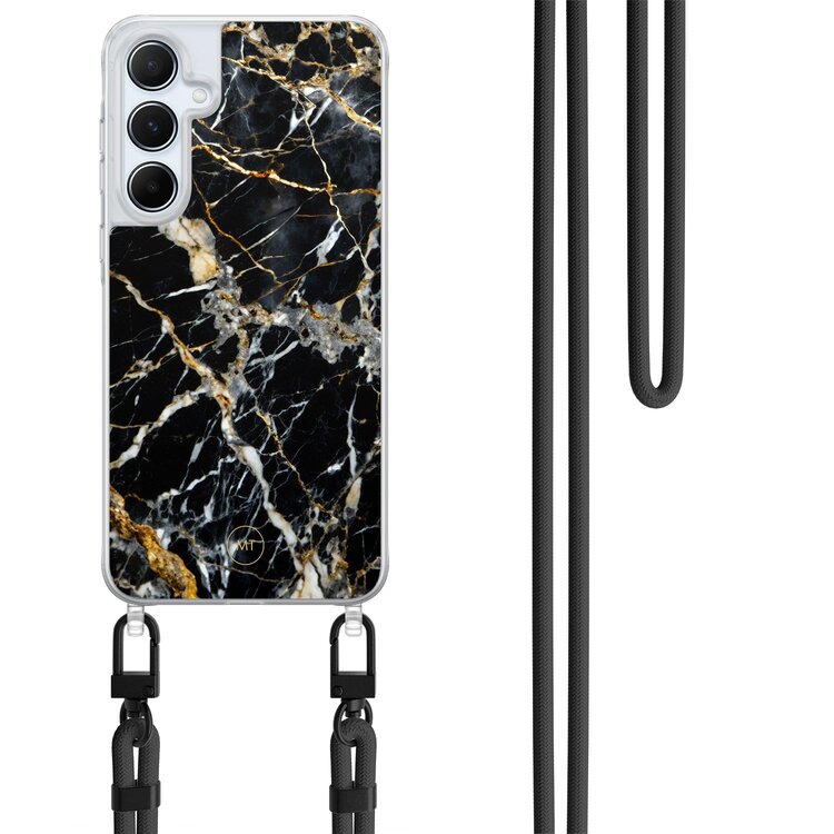 Mooie Telefoonhoesjes Samsung Galaxy A15 hoesje met zwart koord - Black marble elegance