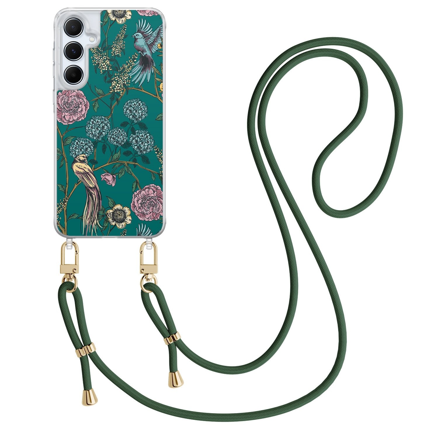Mooie Telefoonhoesjes Samsung Galaxy A15 hoesje met groen koord - Bloomy birds