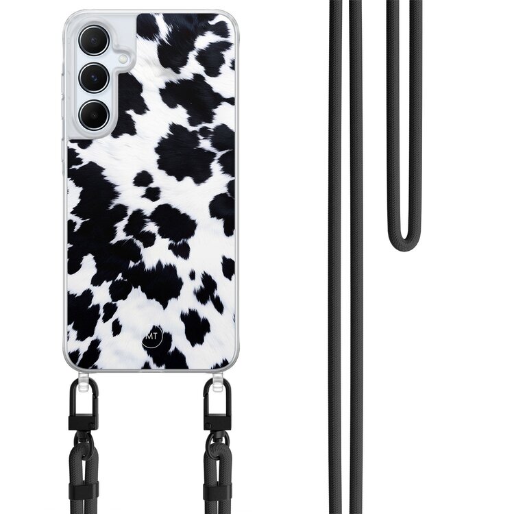 Mooie Telefoonhoesjes Samsung Galaxy A15 hoesje met zwart koord - Koeienprint