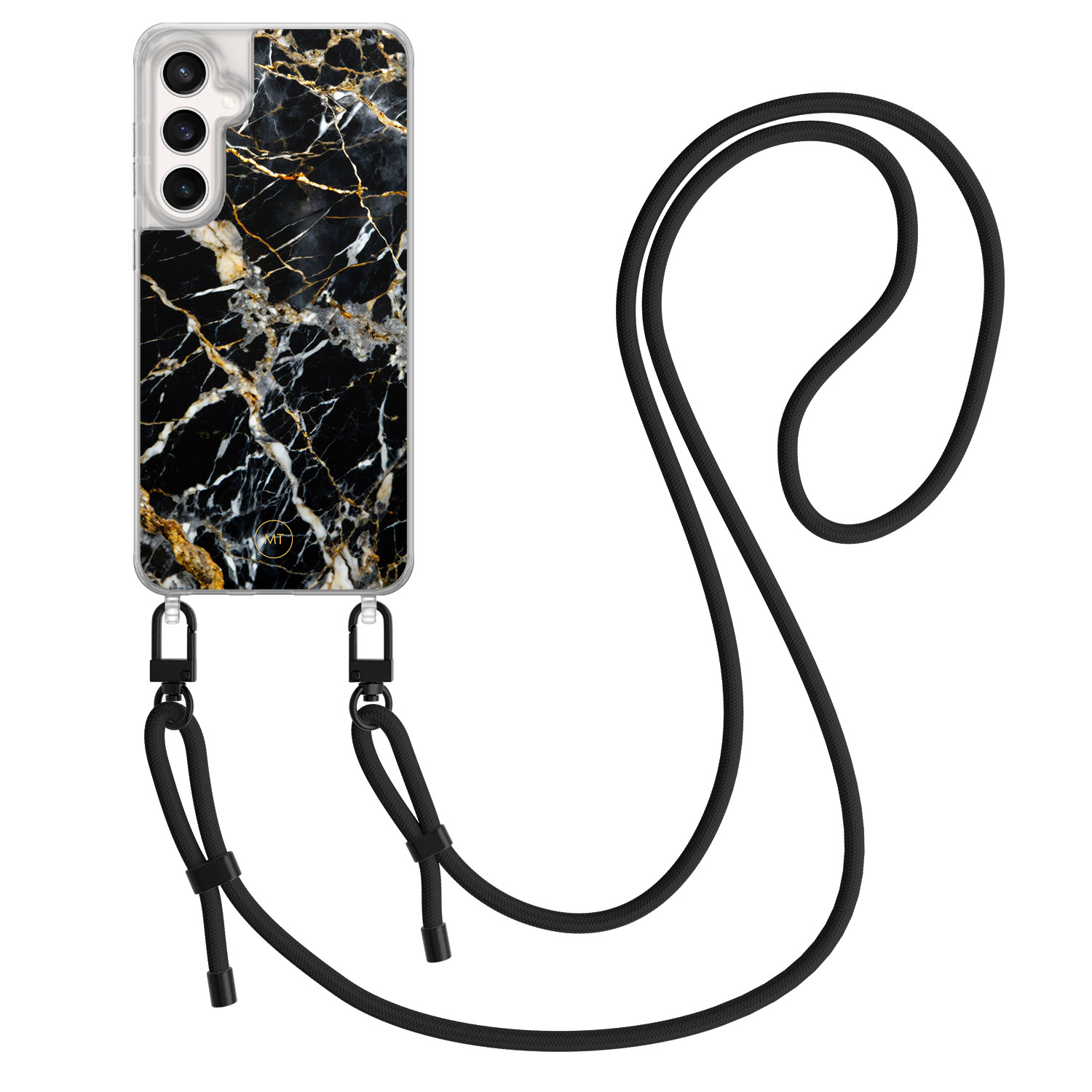 Mooie Telefoonhoesjes Samsung Galaxy S23 FE hoesje met zwart koord - Black marble elegance