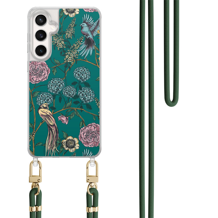Mooie Telefoonhoesjes Samsung Galaxy S23 FE hoesje met groen koord - Bloomy birds