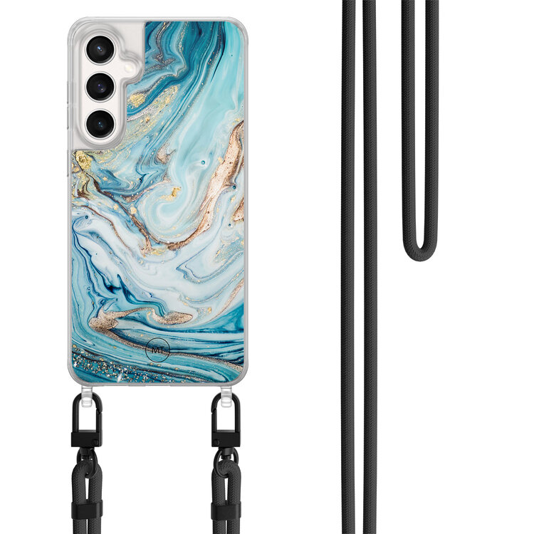 Mooie Telefoonhoesjes Samsung Galaxy S23 FE hoesje met zwart koord - Marmer blauw goud