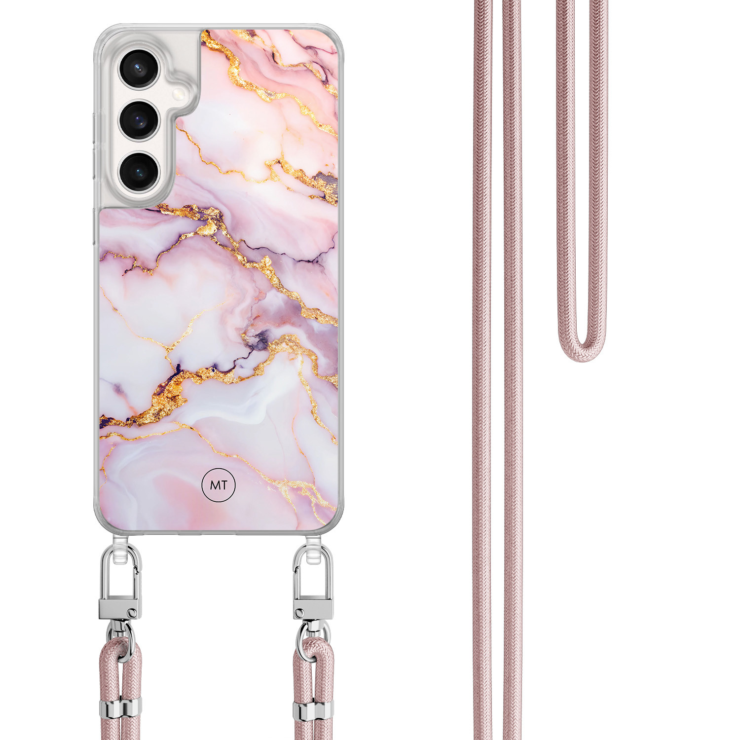 Mooie Telefoonhoesjes Samsung Galaxy S24 FE hoesje met rosegoud koord - Marble pink