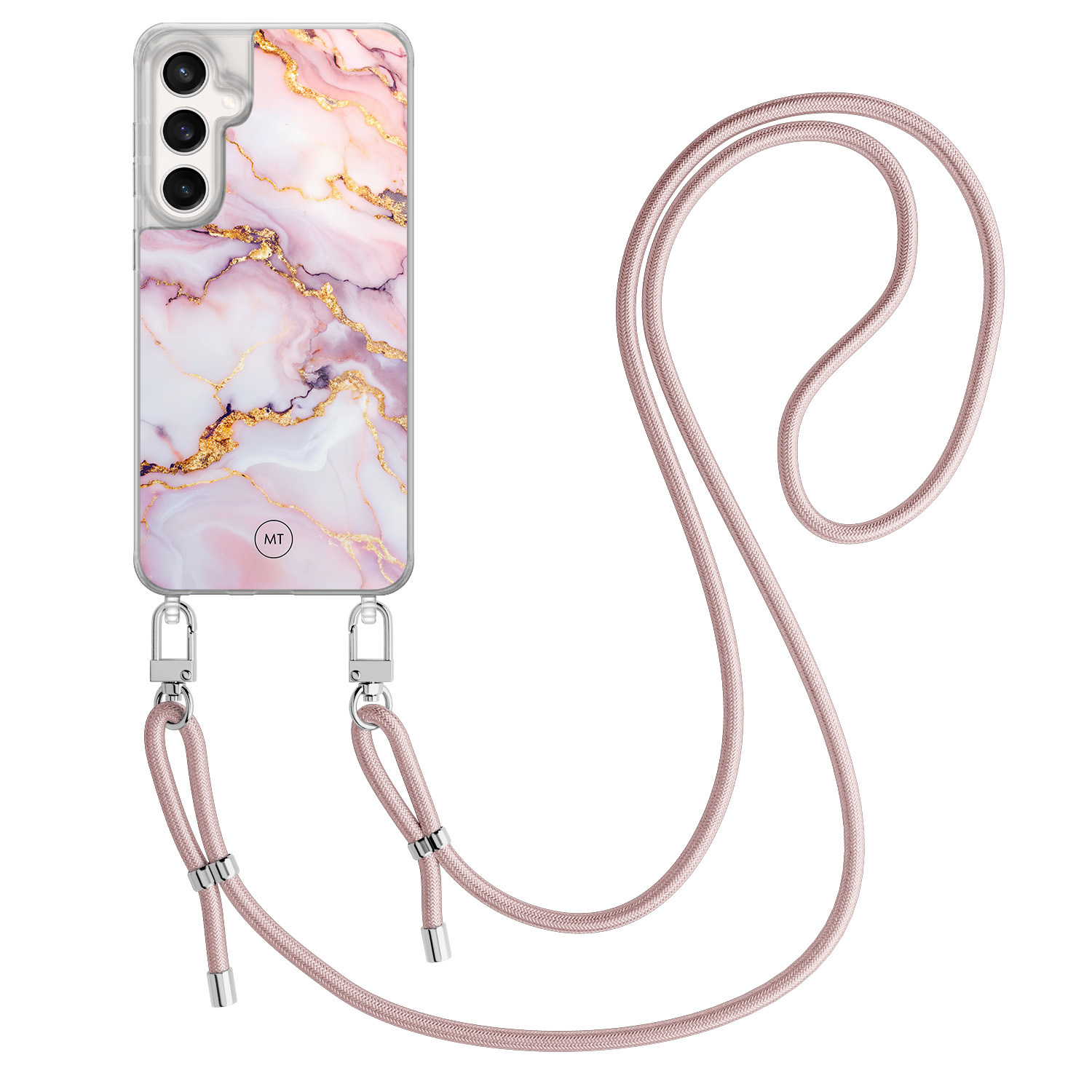Mooie Telefoonhoesjes Samsung Galaxy S24 FE hoesje met rosegoud koord - Marble pink
