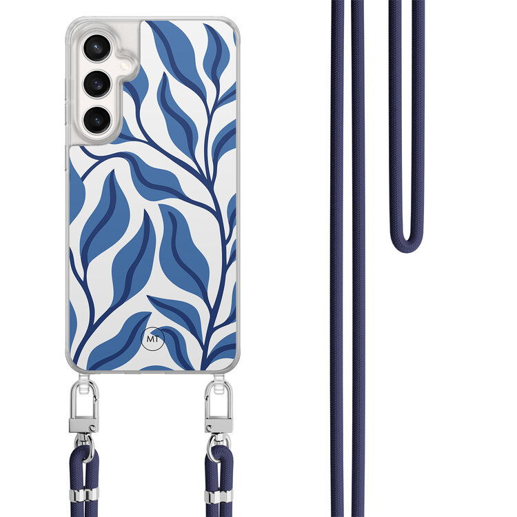 Mooie Telefoonhoesjes Samsung Galaxy S24 FE hoesje met donkerblauw koord - Blue leaves