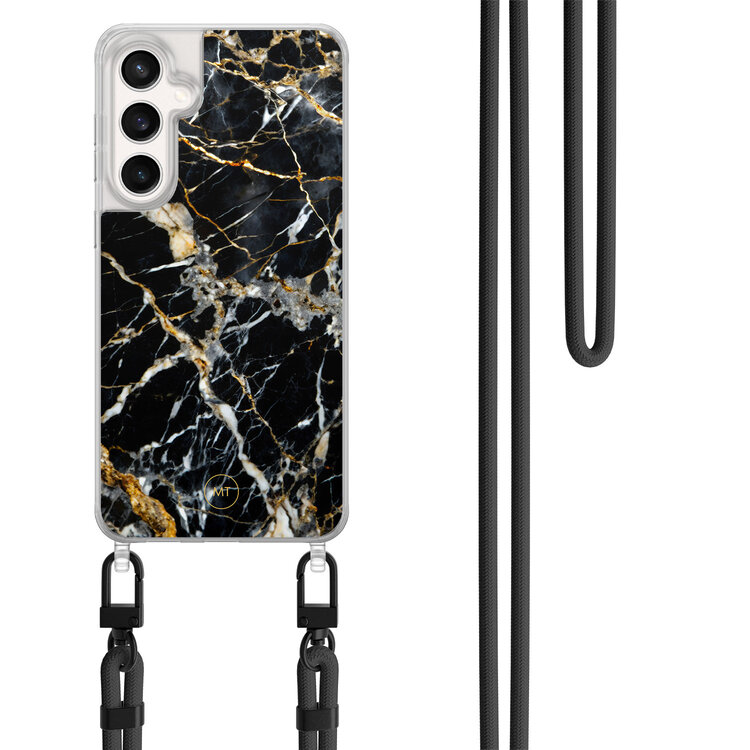 Mooie Telefoonhoesjes Samsung Galaxy S24 FE hoesje met zwart koord - Black marble elegance