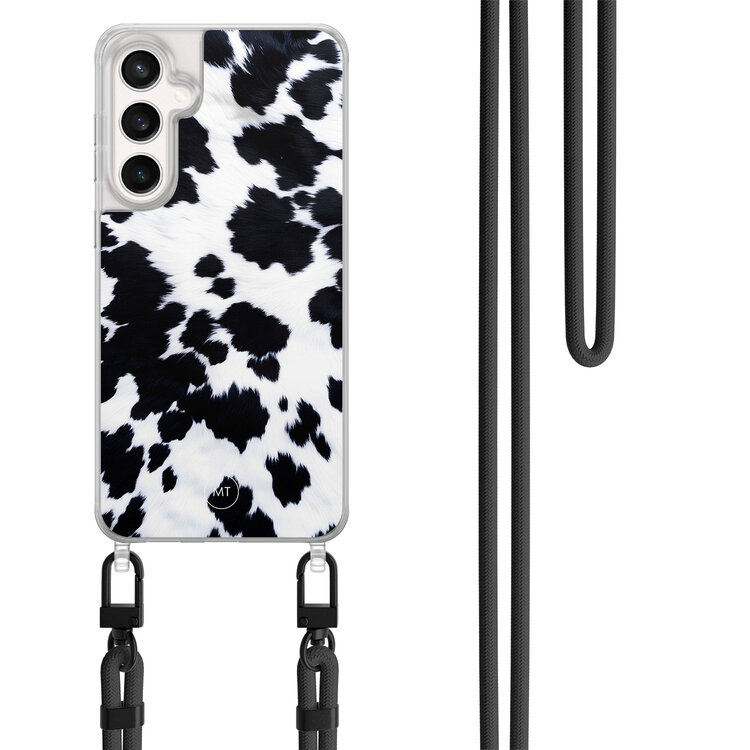 Mooie Telefoonhoesjes Samsung Galaxy S24 FE hoesje met zwart koord - Koeienprint