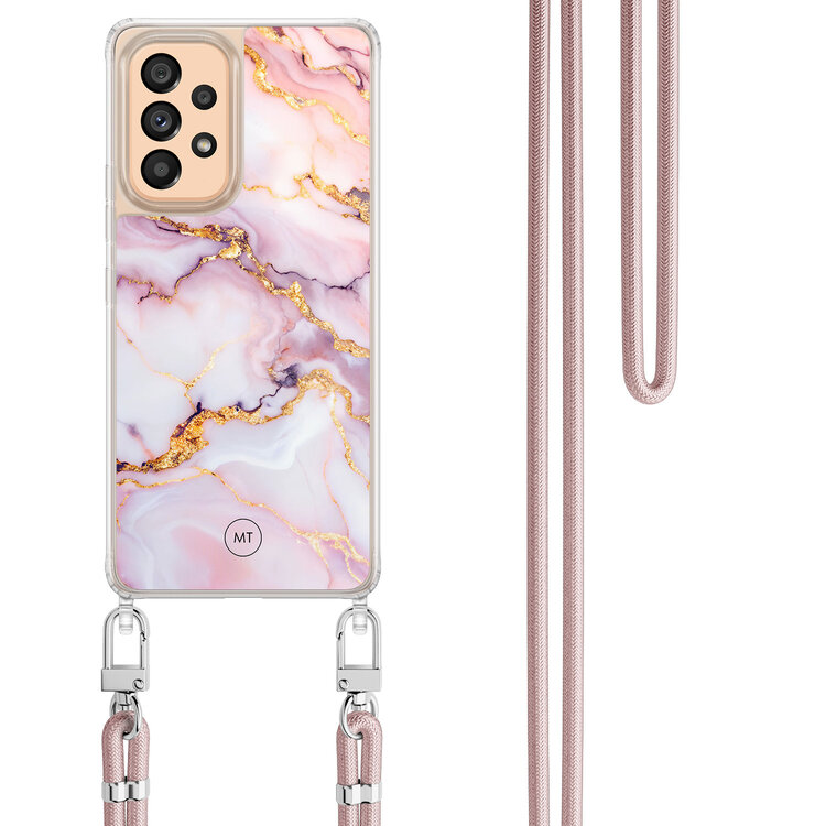 Mooie Telefoonhoesjes Samsung Galaxy A53 hoesje met rosegoud koord - Marble pink