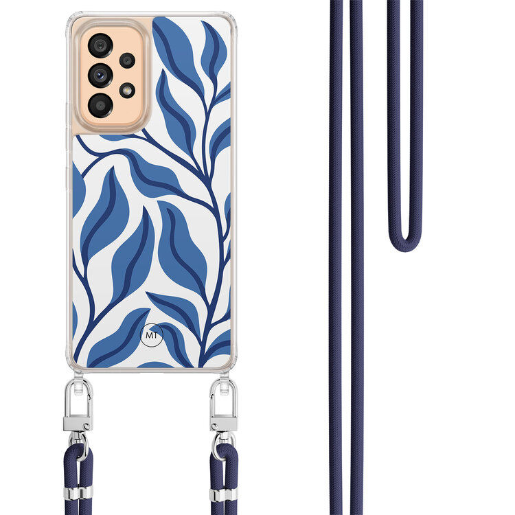 Mooie Telefoonhoesjes Samsung Galaxy A53 hoesje met donkerblauw koord - Blue leaves