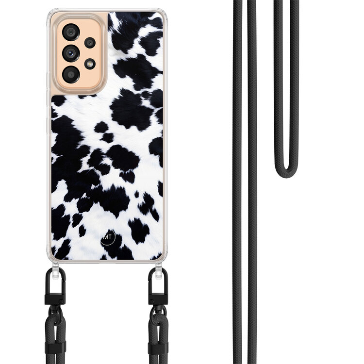 Mooie Telefoonhoesjes Samsung Galaxy A53 hoesje met zwart koord - Koeienprint