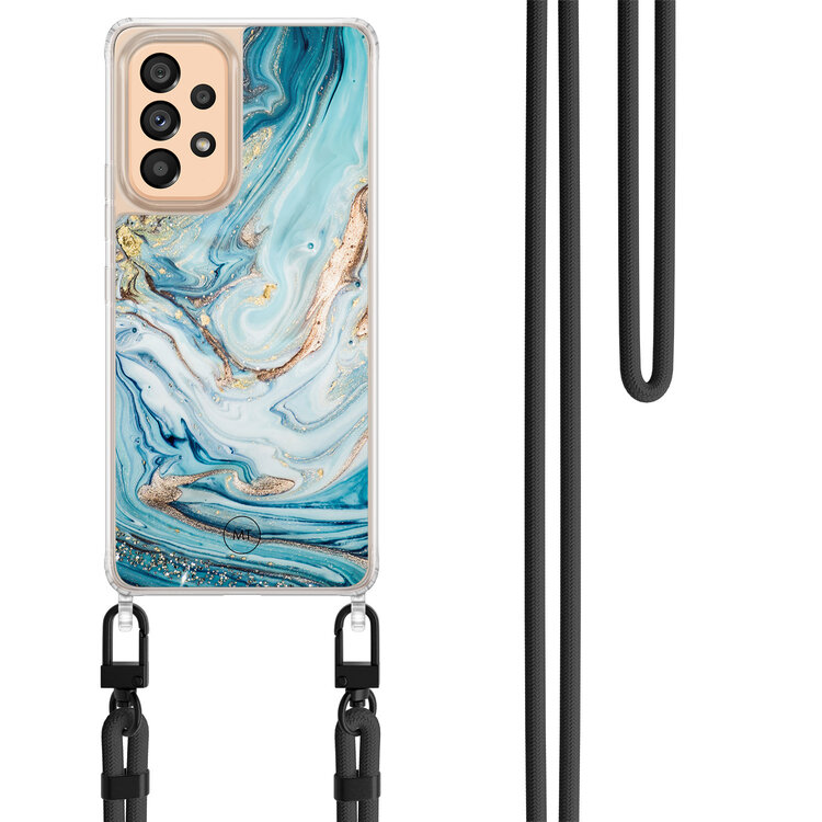 Mooie Telefoonhoesjes Samsung Galaxy A52(s) hoesje met zwart koord - Marmer blauw goud