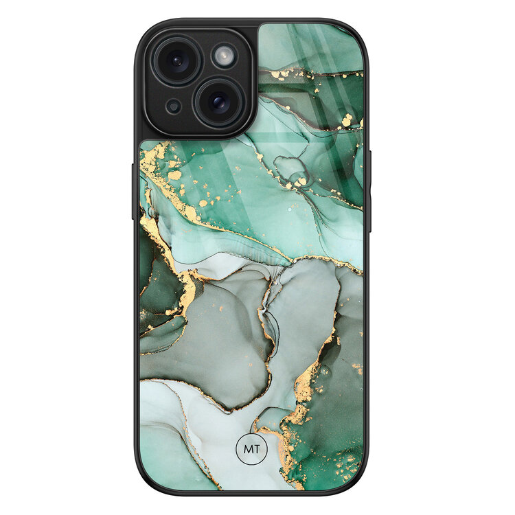 Mooie Telefoonhoesjes iPhone 15 hoesje glas - Groen grijs marmer