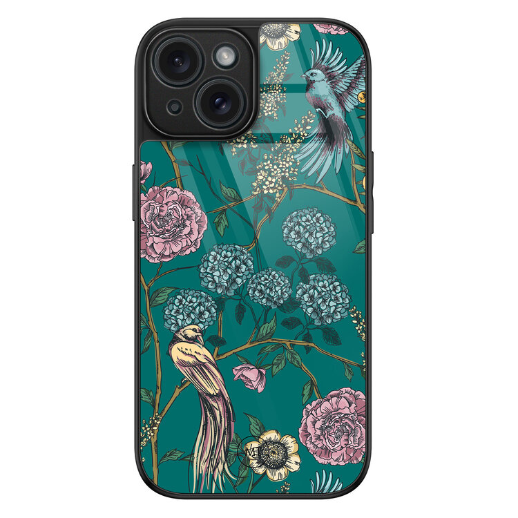 Mooie Telefoonhoesjes iPhone 15 hoesje glas - Bloomy birds
