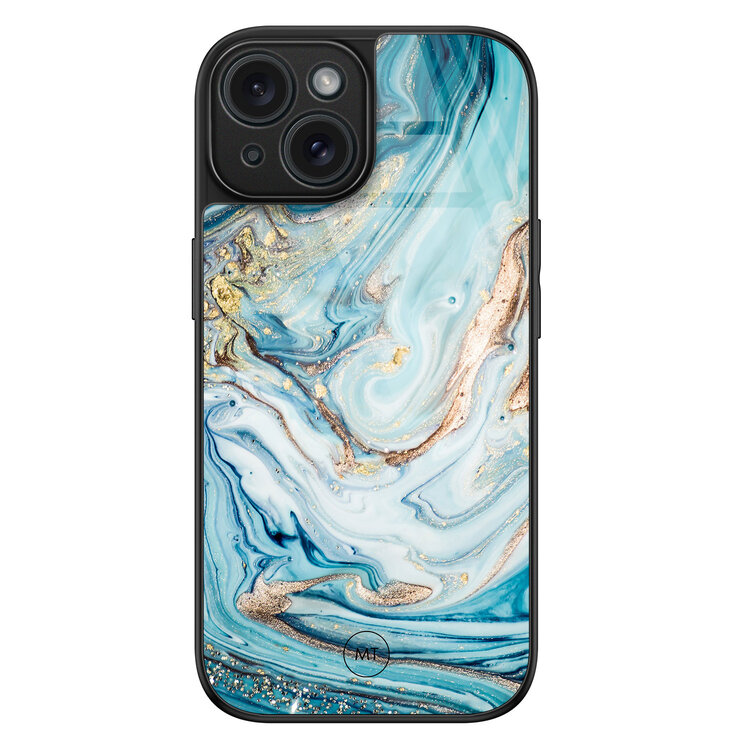 Mooie Telefoonhoesjes iPhone 15 hoesje glas - Marmer blauw goud