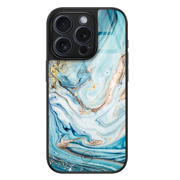 Mooie Telefoonhoesjes iPhone 15 Pro hoesje glas - Marmer blauw goud