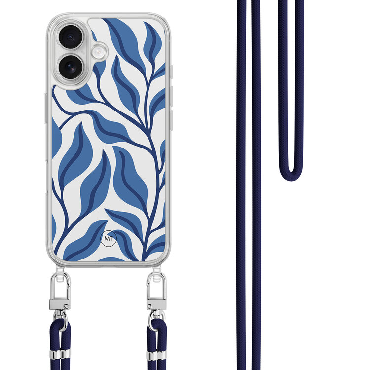 Mooie Telefoonhoesjes iPhone 16 hoesje met donkerblauw koord - Blue leaves