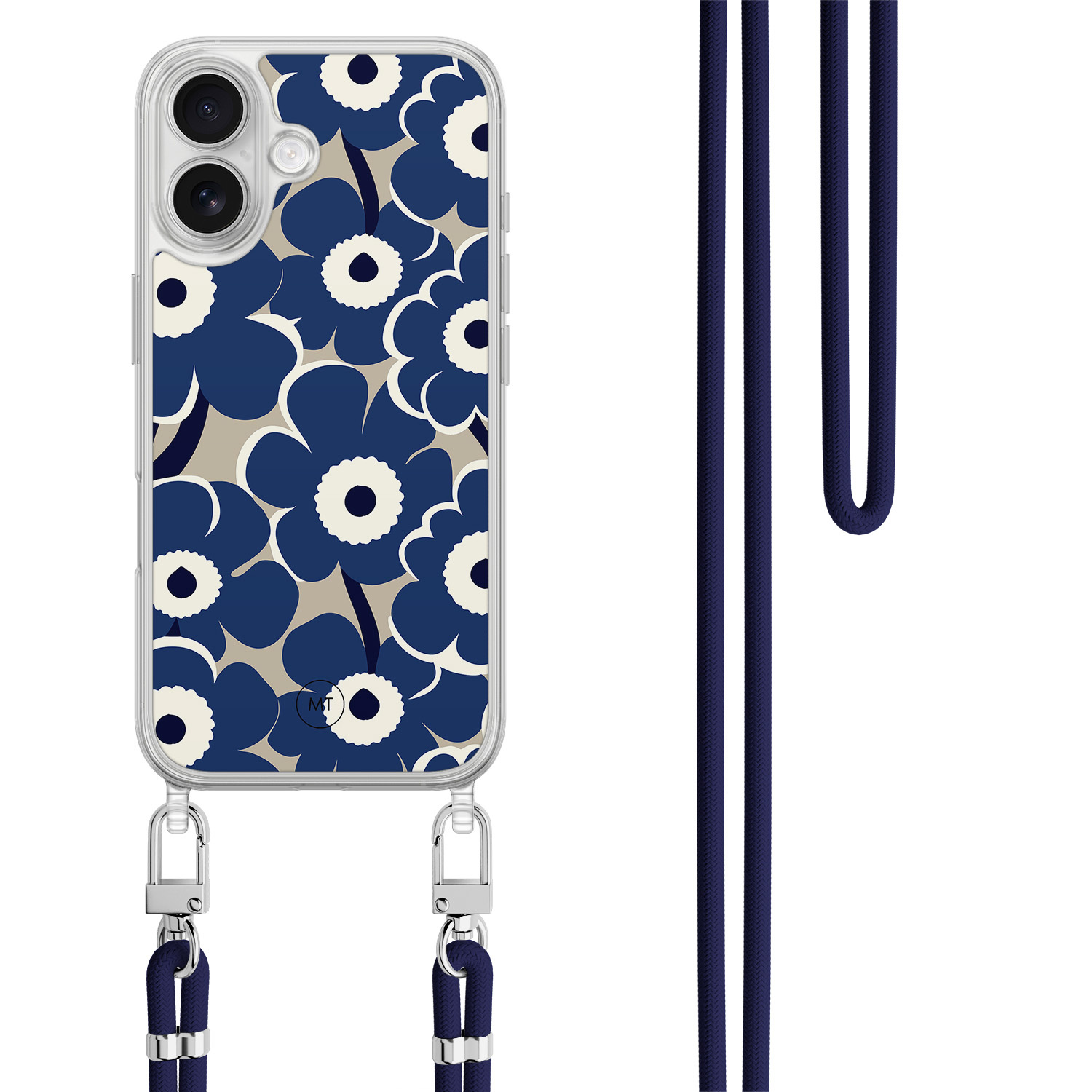 Mooie Telefoonhoesjes iPhone 16 hoesje met donkerblauw koord - Abstract bloom