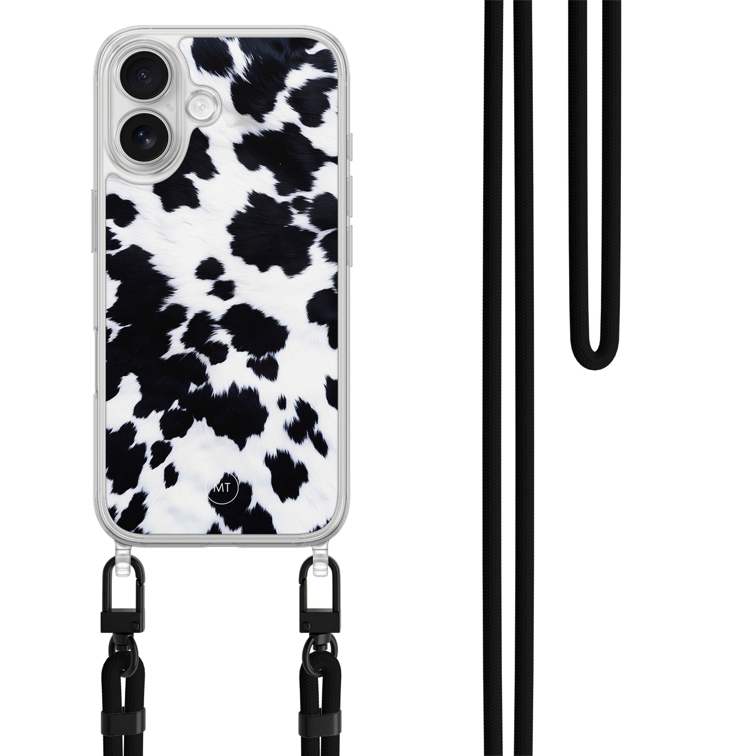 Mooie Telefoonhoesjes iPhone 16 hoesje met zwart koord - Koeienprint
