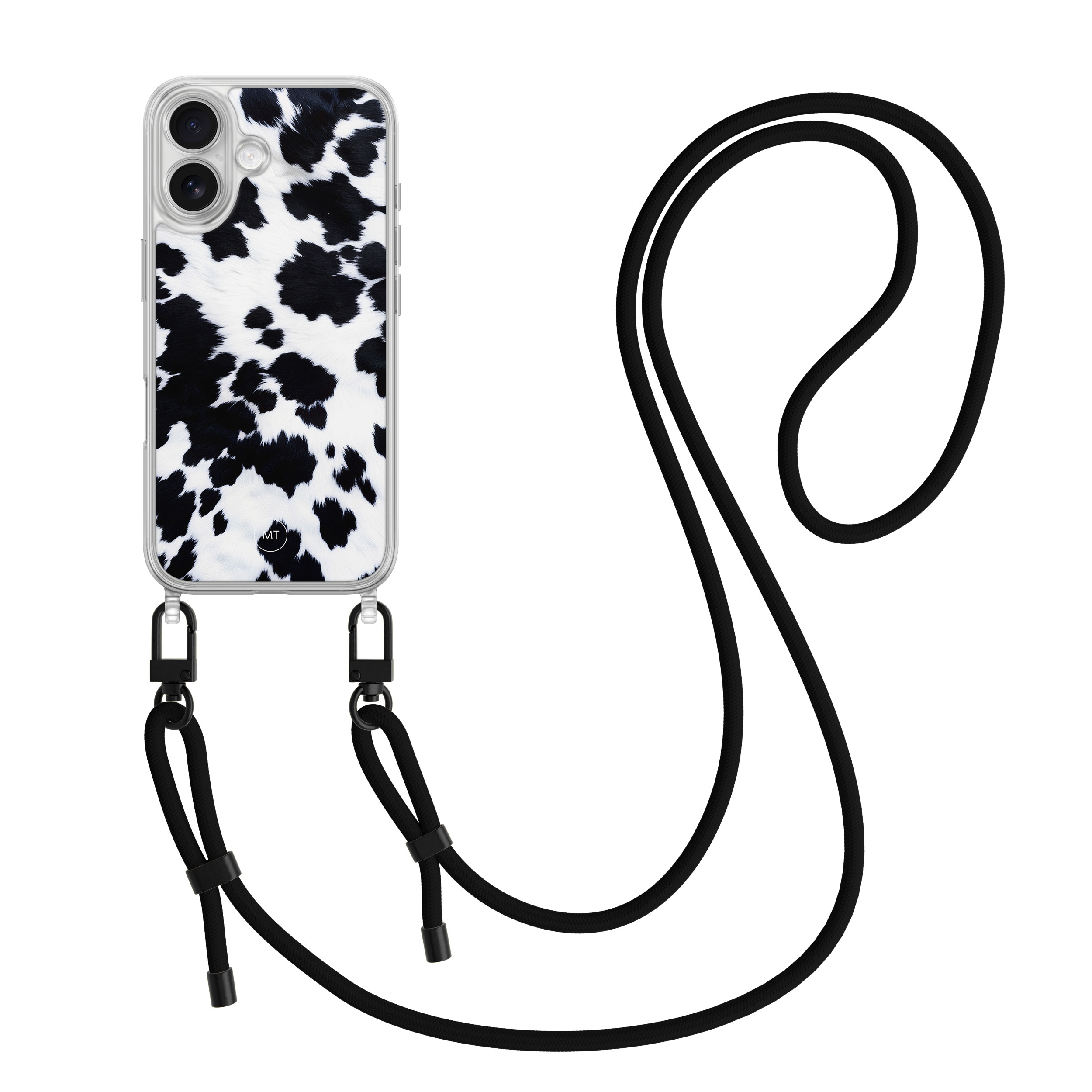 Mooie Telefoonhoesjes iPhone 16 hoesje met zwart koord - Koeienprint