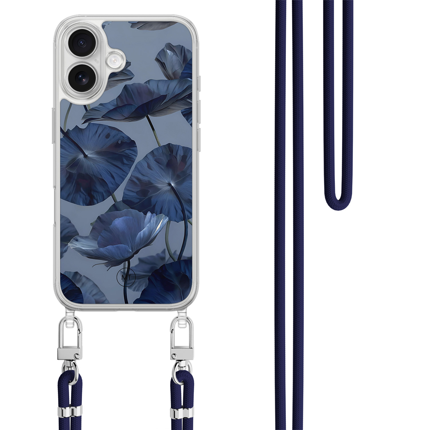 Mooie Telefoonhoesjes iPhone 16 hoesje met donkerblauw koord - Dusky blooms