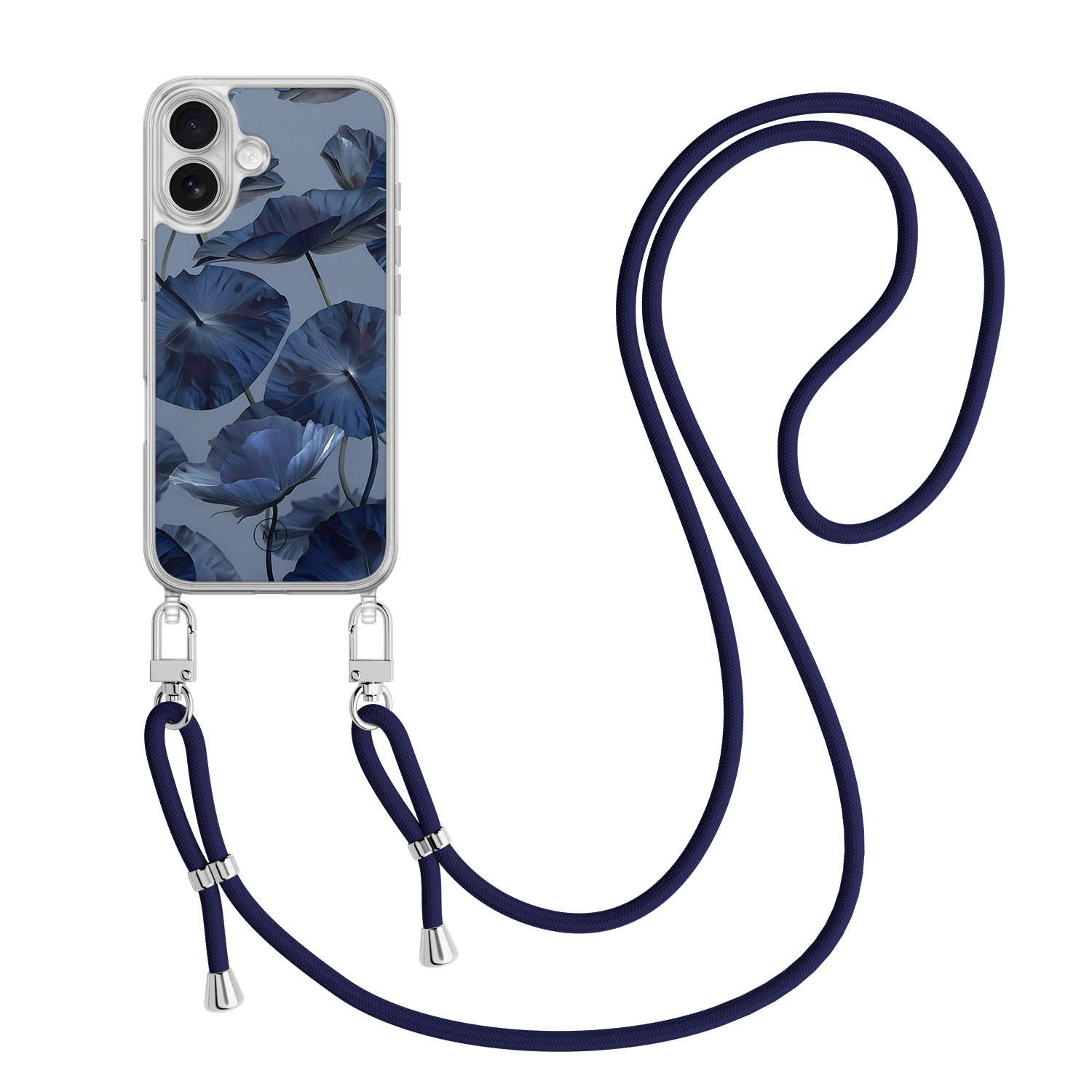 Mooie Telefoonhoesjes iPhone 16 hoesje met donkerblauw koord - Dusky blooms