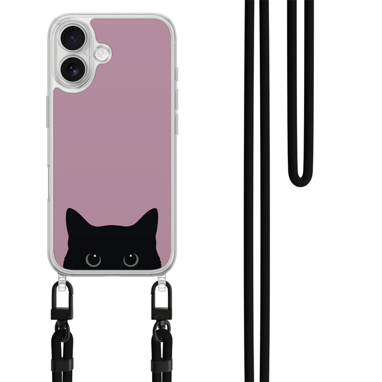 Mooie Telefoonhoesjes iPhone 16 hoesje met zwart koord - Zwarte kat