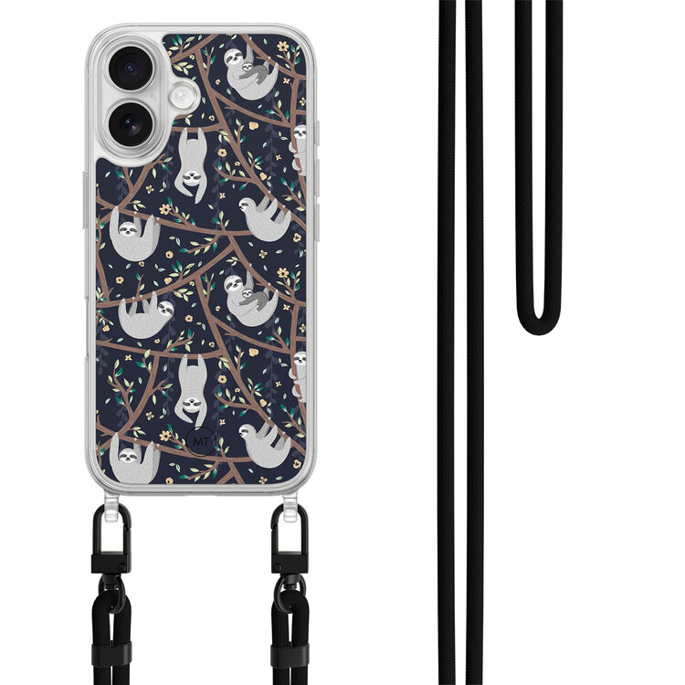Mooie Telefoonhoesjes iPhone 16 hoesje met zwart koord - Luiaard print
