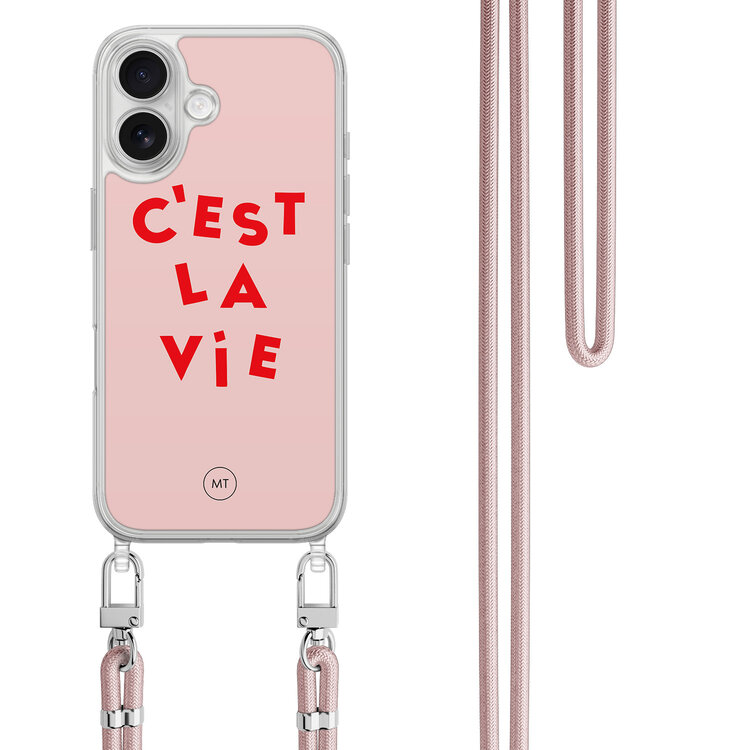 Mooie Telefoonhoesjes iPhone 16 hoesje met rosegoud koord - C'est la vie
