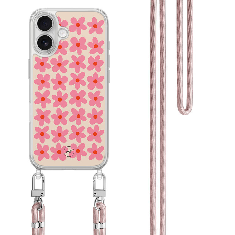 Mooie Telefoonhoesjes iPhone 16 hoesje met rosegoud koord - Retro blooms