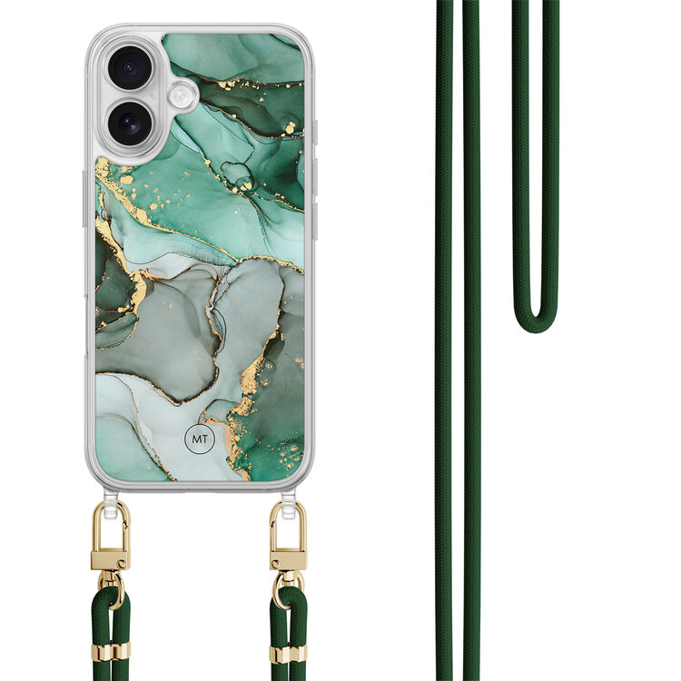 Mooie Telefoonhoesjes iPhone 16 hoesje met groen koord - Groen grijs marmer