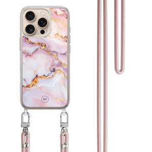 Mooie Telefoonhoesjes iPhone 16 Pro hoesje met rosegoud koord - Marble pink