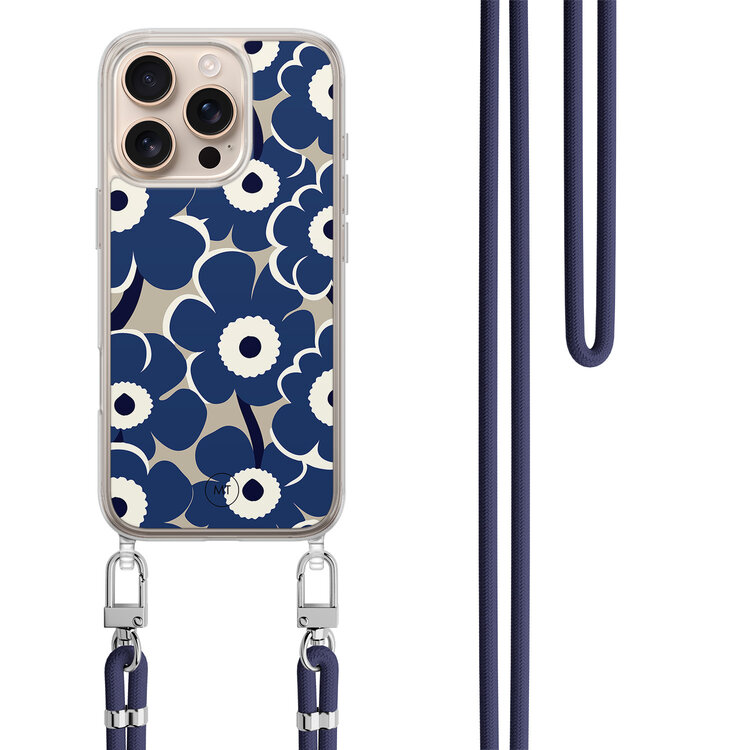 Mooie Telefoonhoesjes iPhone 16 Pro hoesje met donkerblauw koord - Abstract bloom